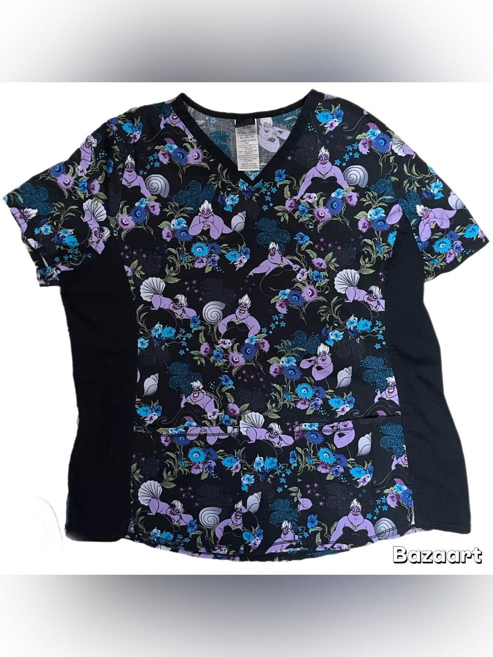 Disney Villains Ursula Scrub Top XL Black Floral V-Neck Stretch Nurse Pockets
